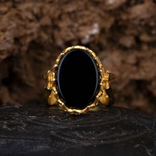 Black Aqeeq Hand Made Women Ring (Gold Plated)