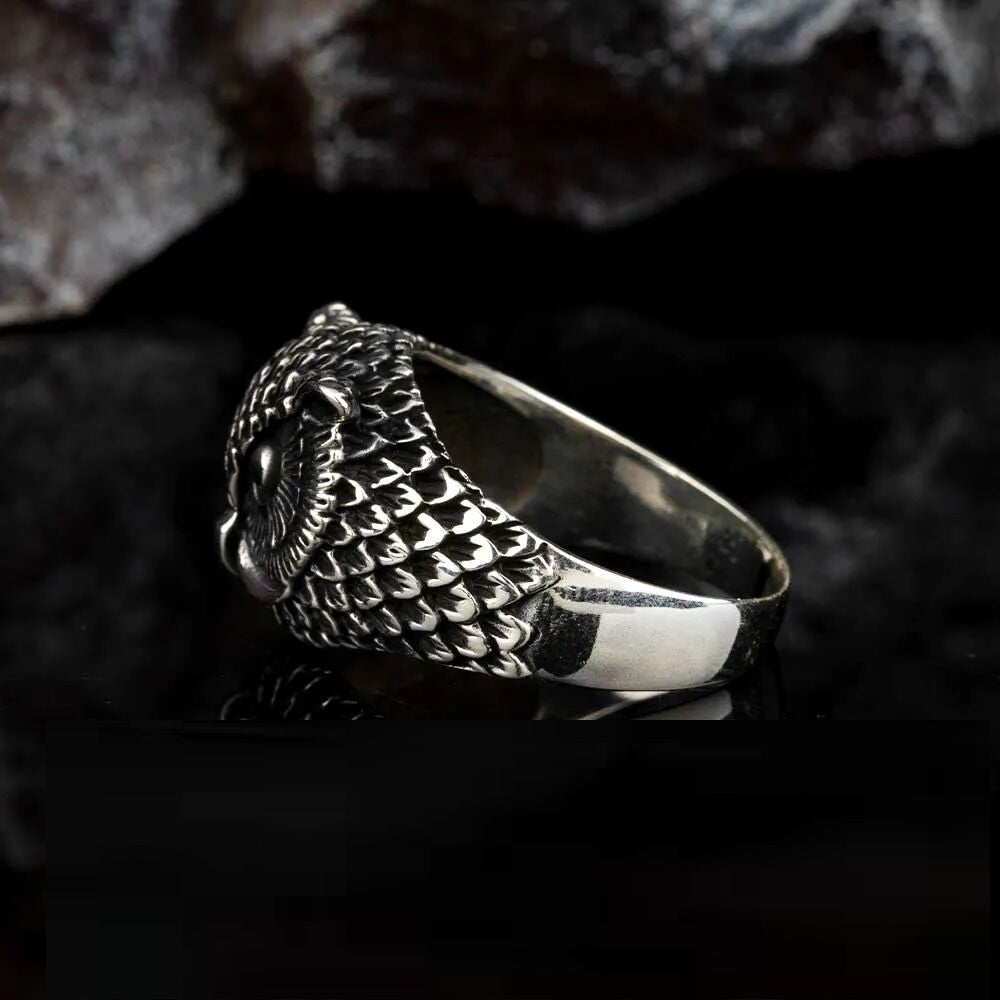Oxidized Owl Head Silver Ring