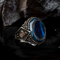 Oval Blue Tiger’s Eye Silver Ring With Tughra