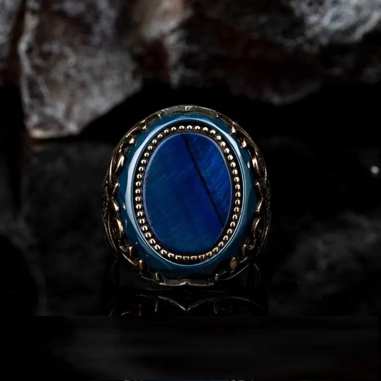 Oval Blue Tiger’s Eye Ornamented Silver Ring