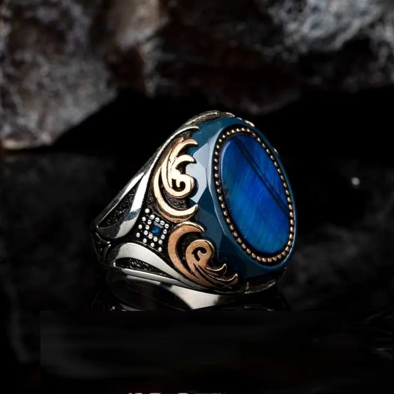 Oval Blue Tiger’s Eye Ornamented Silver Ring