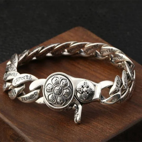 Sterling Silver Buddhist Mantra Vajra Pestle Curb Chain Bracelet