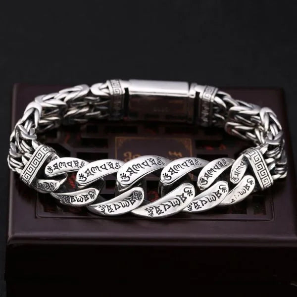 Sterling Silver Sanskrit Buddhist Mantra Curb Chain Bracelet