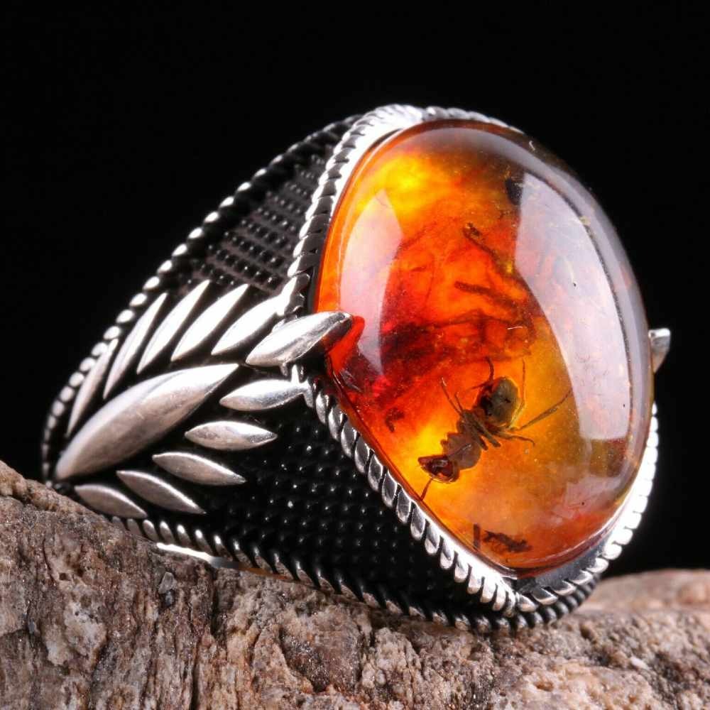 925 Sterling Silver Ant Fossil Amber Stone Nice Mens Ring