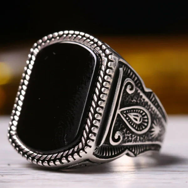 925 Sterling Silver Antique Black Onyx Stone Mens Ring