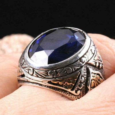 925 Sterling Silver Blue Sapphire Stone Handmade Ring for Men
