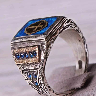 925 Sterling Silver Christian Cross Sapphire Religious Mens Ring