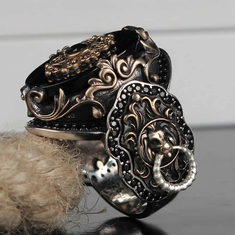 925 Sterling Silver Clear Onyx Stone Lion Mens Ring
