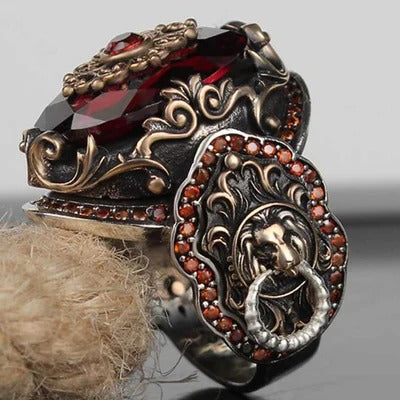 925 Sterling Silver Clear Ruby Stone Lion Mens Ring