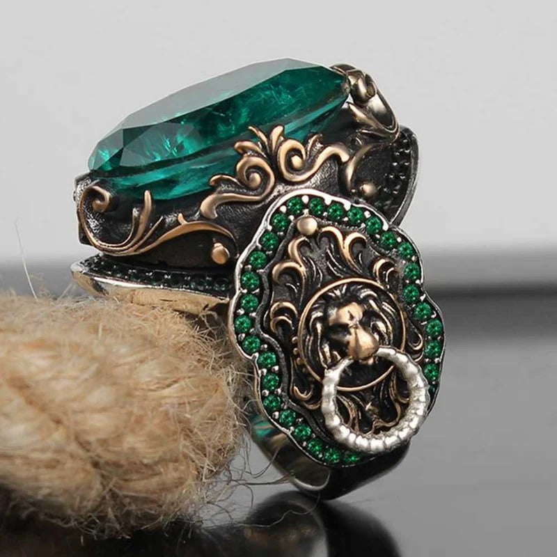 925 Sterling Silver Clear Tourmaline Stone Lion Mens Ring