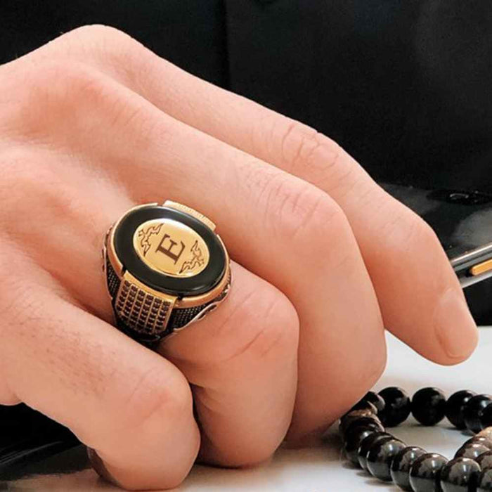 925 Sterling Silver Customizable Onyx Stone Letter Mens Ring
