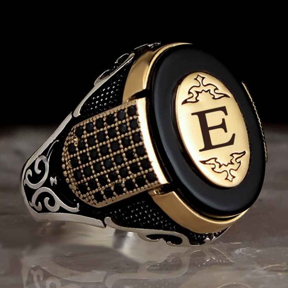 925 Sterling Silver Customizable Onyx Stone Letter Mens Ring