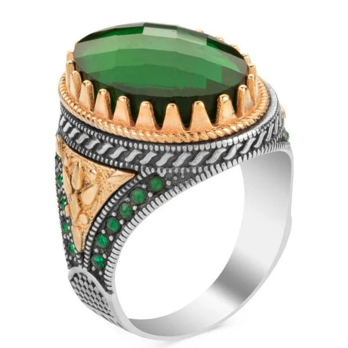 925 Sterling Silver Faceted Cut Emerald Stone Mens Ring