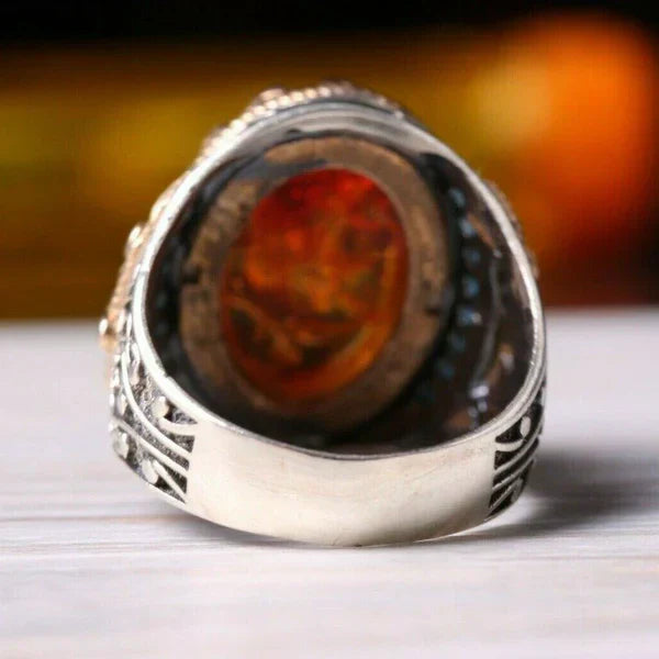 925 Sterling Silver Fossil Amber and Turquoise Stone Luxury Mens Ring
