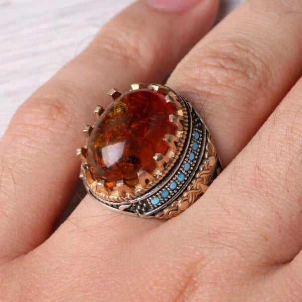 925 Sterling Silver Fossil Amber and Turquoise Stone Luxury Mens Ring
