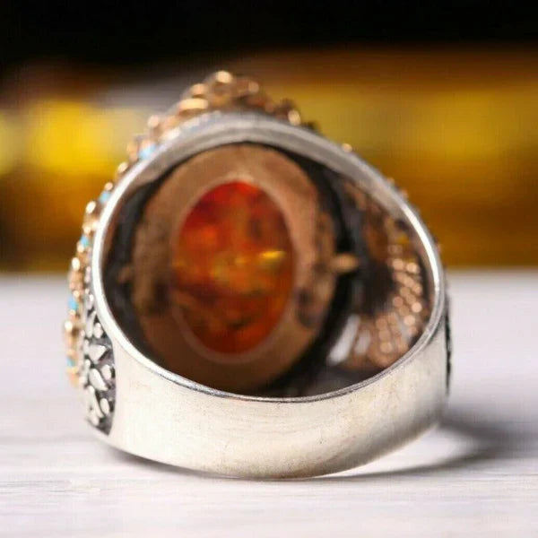 925 Sterling Silver Fossil Amber and Turquoise Stone Mens Ring
