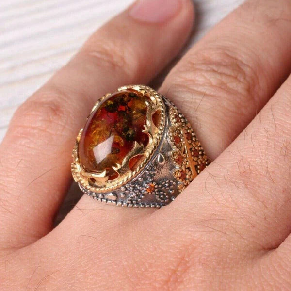 925 Sterling Silver Fossil Amber and Turquoise Stone Mens Ring
