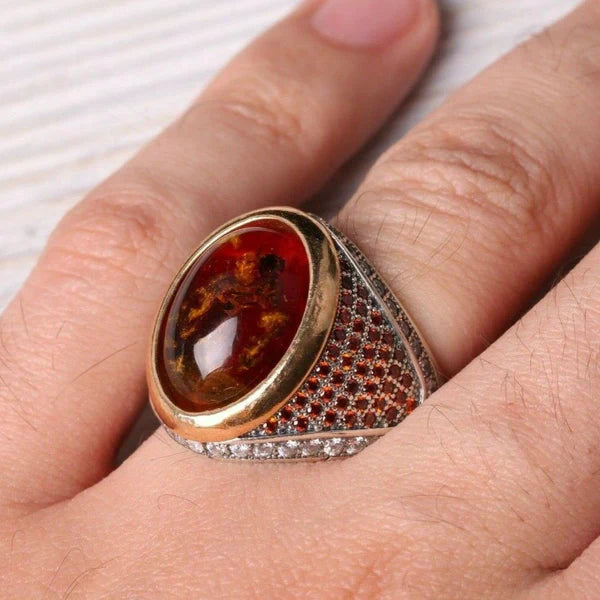 925 Sterling Silver Fossil Amber and Zircon Stone Mens Ring