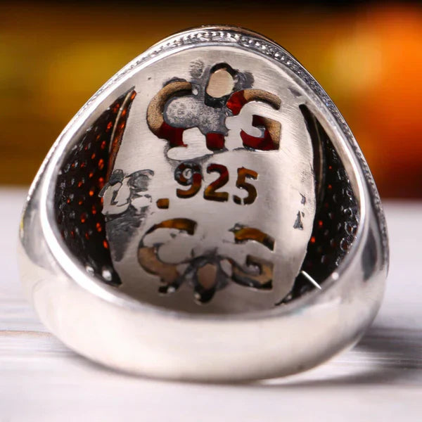 925 Sterling Silver Fossil Amber and Zircon Stone Mens Ring
