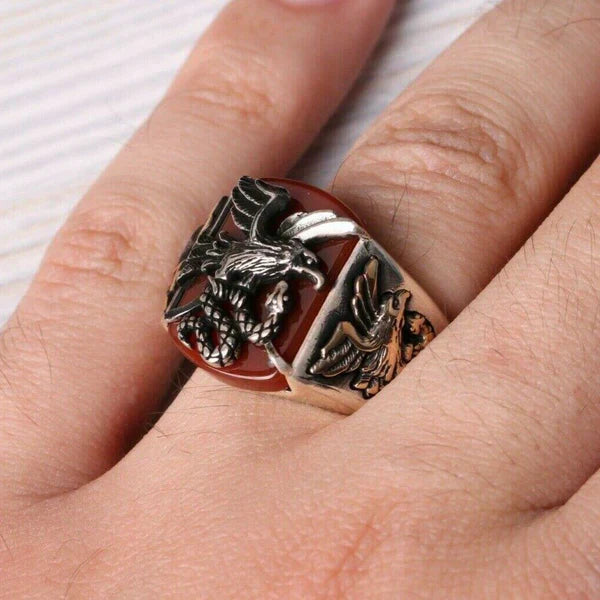 925 Sterling Silver Freedom Eagle Style Agate Aqeeq Stone Mens Ring