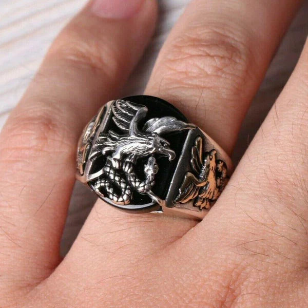 925 Sterling Silver Freedom Eagle Style Onyx Stone Mens Ring