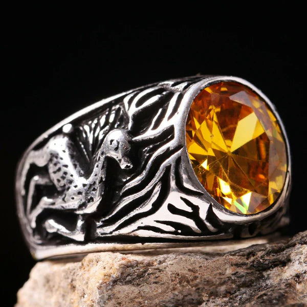 925 Sterling Silver Gazelle Style Yellow Citrine Stone Mens Ring