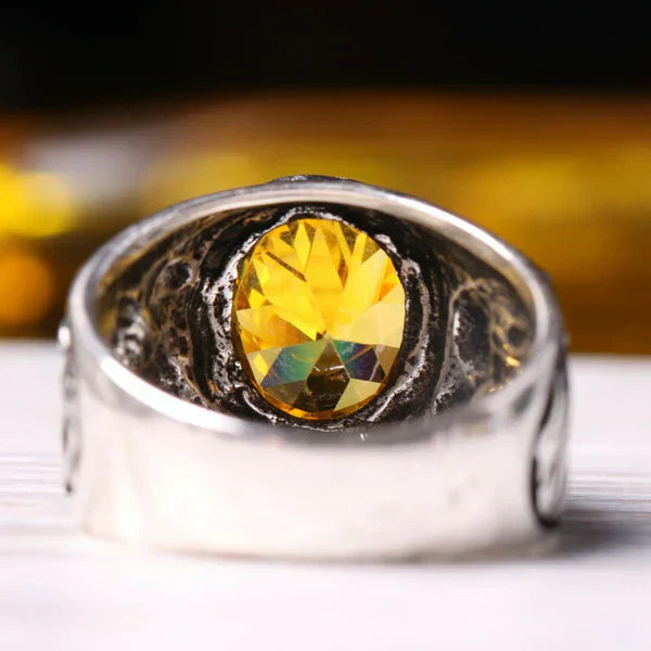 925 Sterling Silver Gazelle Style Yellow Citrine Stone Mens Ring