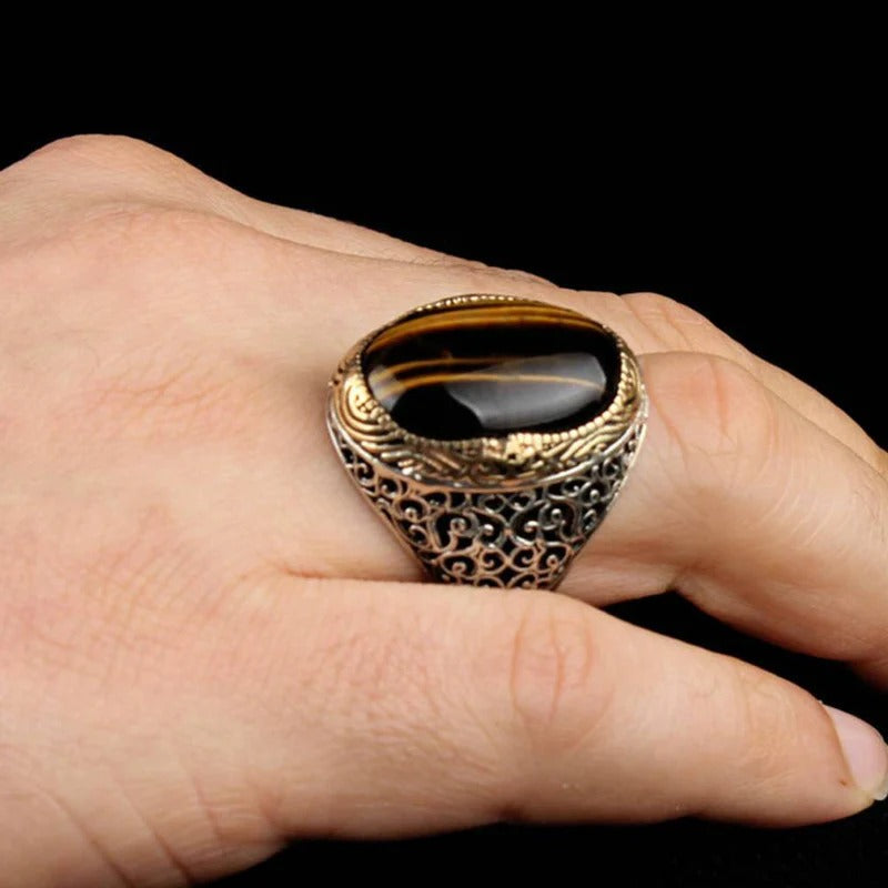 925 Sterling Silver Heavy Natural Tigers Eye Mens Ring