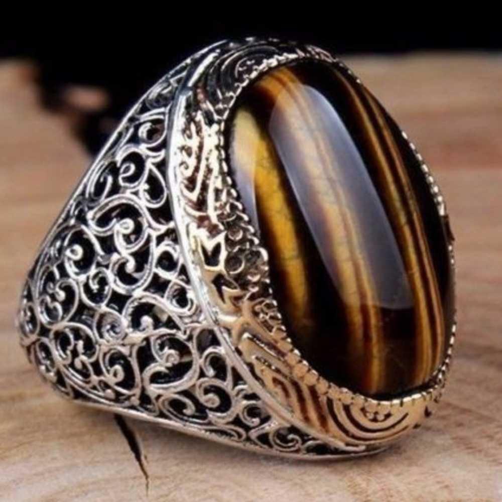 925 Sterling Silver Heavy Natural Tigers Eye Mens Ring
