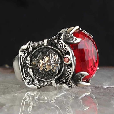 925 Sterling Silver Luxury Ruby Stone King Lion Mens Ring
