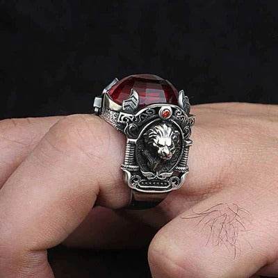 925 Sterling Silver Luxury Ruby Stone King Lion Mens Ring