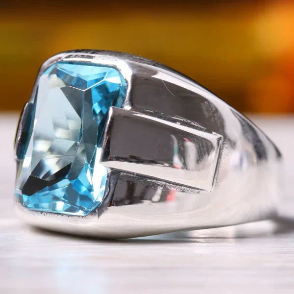 925 Sterling Silver New Luxury Aquamarine Stone Mens Ring