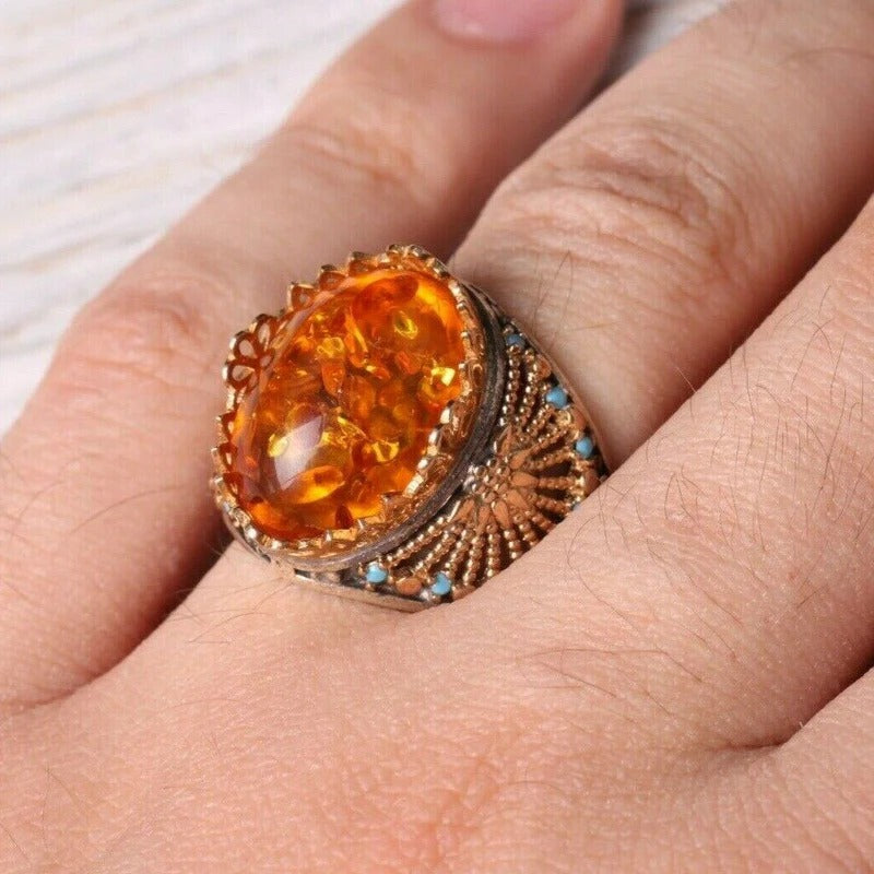 925 Sterling Silver Orange Amber and Turquoise Stone Mens Ring