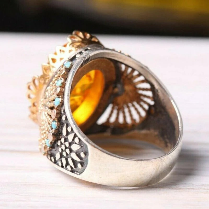 925 Sterling Silver Orange Amber and Turquoise Stone Mens Ring