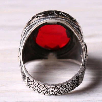 925 Sterling Silver Ottoman Red Ruby Stone Mens Ring