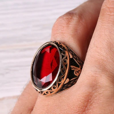 925 Sterling Silver Ottoman Red Ruby Stone Mens Ring