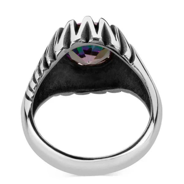 925 Sterling Silver Rainbow Mystic Topaz Stone Luxury Mens Ring