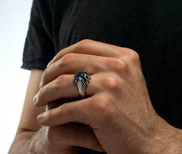 925 Sterling Silver Rainbow Mystic Topaz Stone Luxury Mens Ring