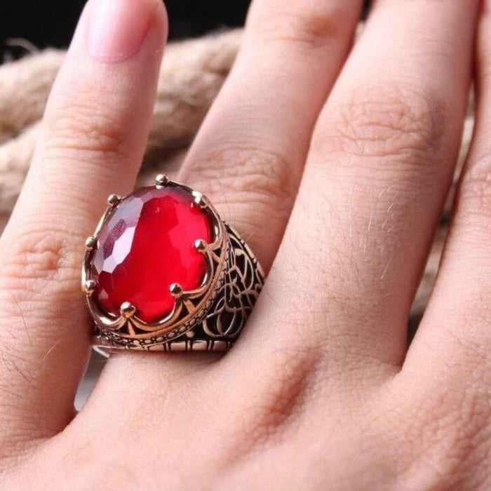 925 Sterling Silver Ruby Stone King Crown Mens Ring