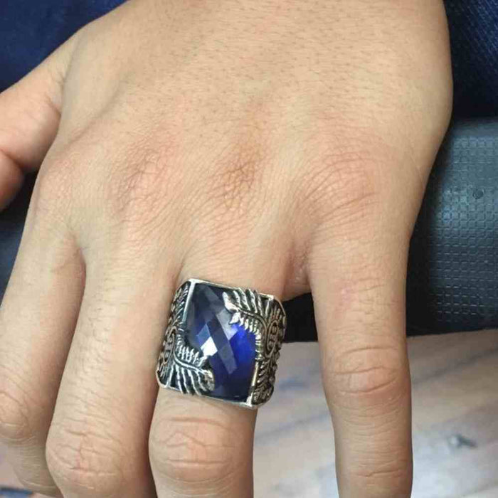 925 Sterling Silver Sapphire Stone Leaf Mens Ring