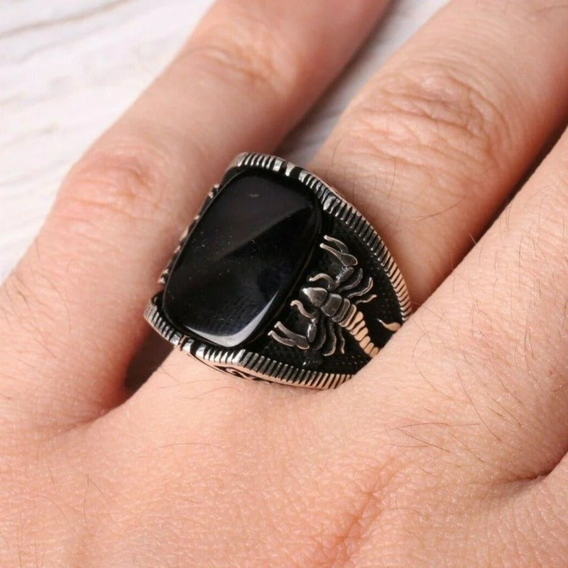 925 Sterling Silver Scorpion Style Solid Onyx Stone Mens Ring