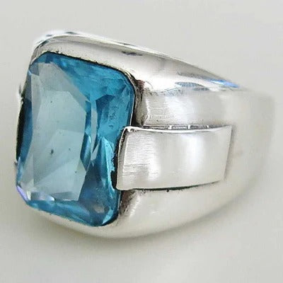 925 Sterling Silver Shiny Aquamarine Stone Mens Man Ring