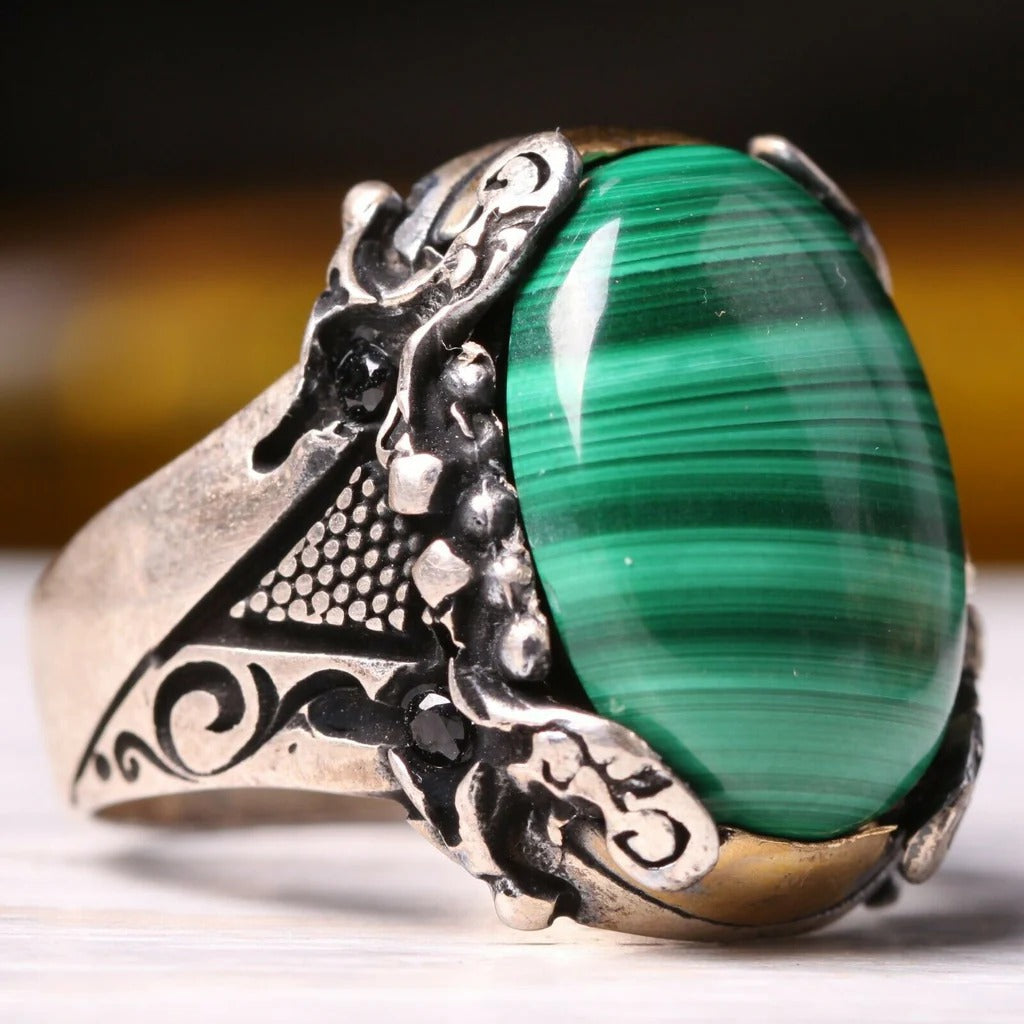 925 Sterling Silver Sword Model Malachite Stone Mens Ring