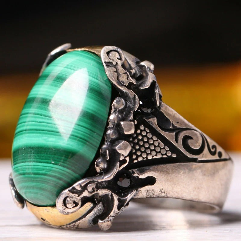 925 Sterling Silver Sword Model Malachite Stone Mens Ring
