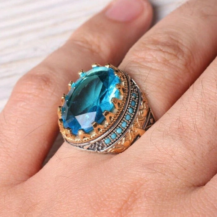 925 Sterling Silver Tourmaline and Turquoise Multi Stone Mens Ring