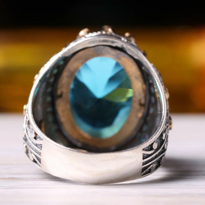 925 Sterling Silver Tourmaline and Turquoise Multi Stone Mens Ring
