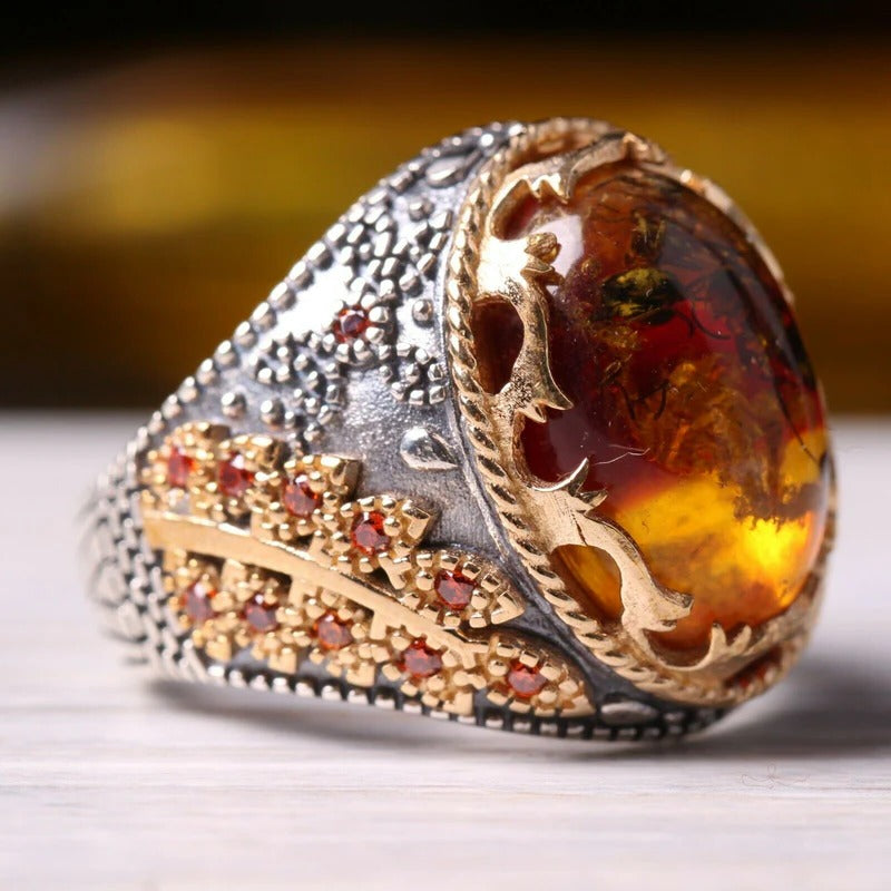 925 Sterling Silver with Fossil Amber and Citrine Stone Mens Ring