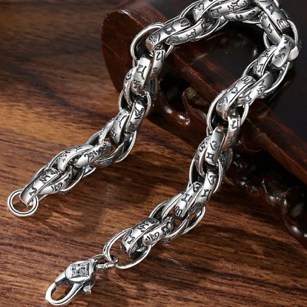 Sterling Silver Buddhist Mantra Vajra Pestle Byzantine Chain Bracelet