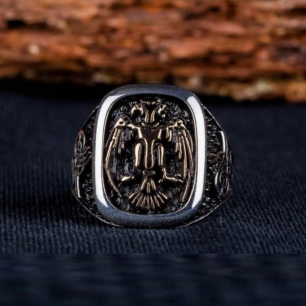 Double Headed Eagle Rectangle Ring With Tughra Sides
