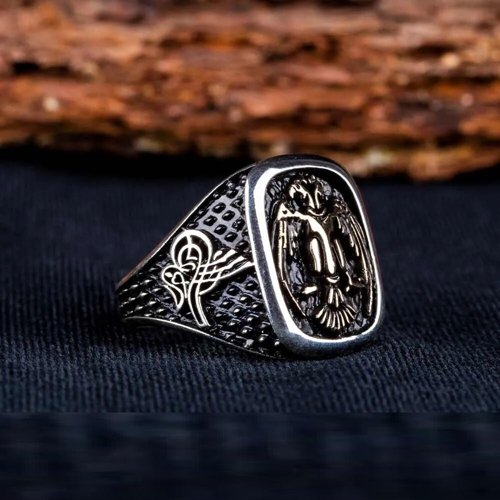 Double Headed Eagle Rectangle Ring With Tughra Sides